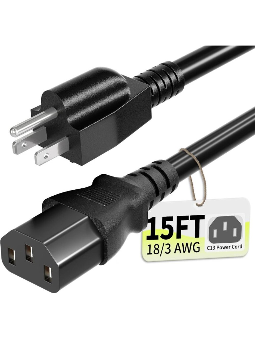 15ft 3-Prong AC Power Cord Cable, 10A 125V, NEMA 5-15P to C13, Black for TV, PC
